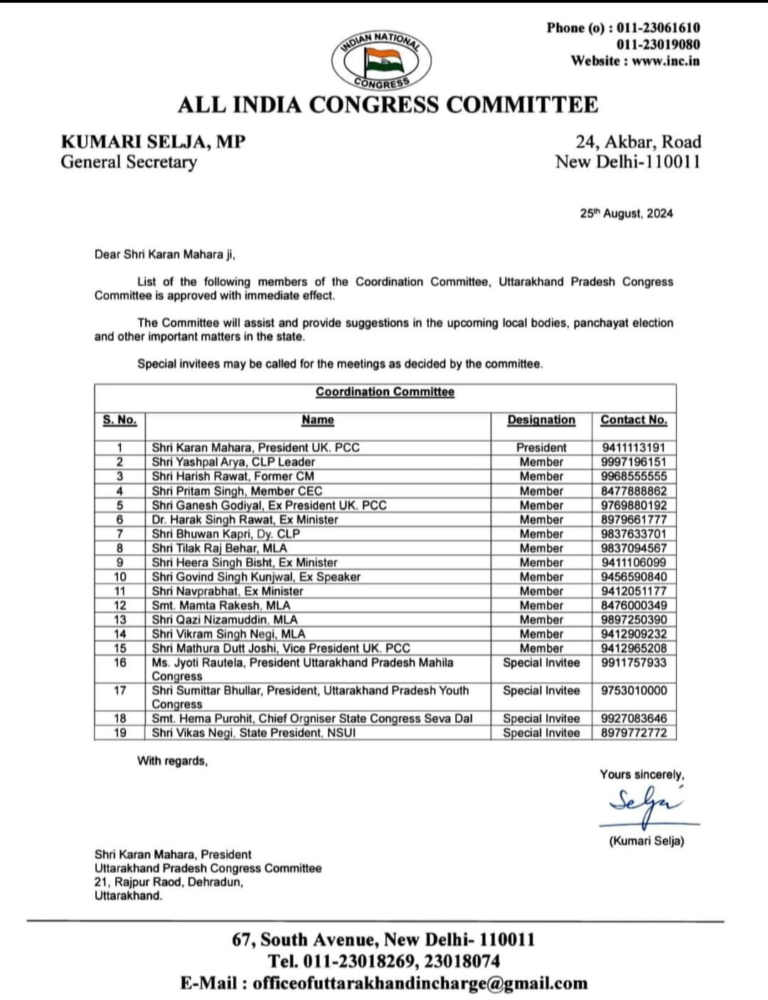 कांग्रेस ने वरिष्ठ नेताओं की समन्वय समिति बनाई उत्तराखंड में आगामी नगर निकाय और पंचायत चुनावों के मद्देनजर बनाई गई समिति
