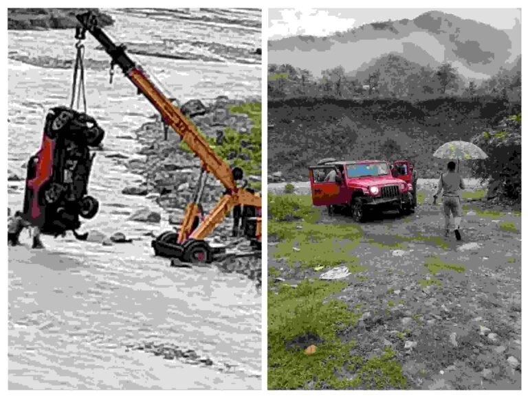 नदी के तेज बहाव के बीच फंसी थार कार को पुलिस ने JCB व क्रेन की सहायता से बाहर निकाल कर किया उसके मालिक के सुपुर्द