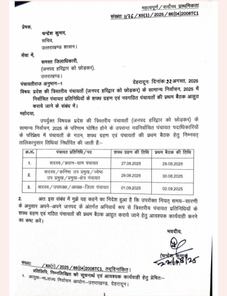 उत्तराखंड में पंचायतों के नव निर्वाचित सदस्यों के शपथ ग्रहण की तारीख हुई घोषित
