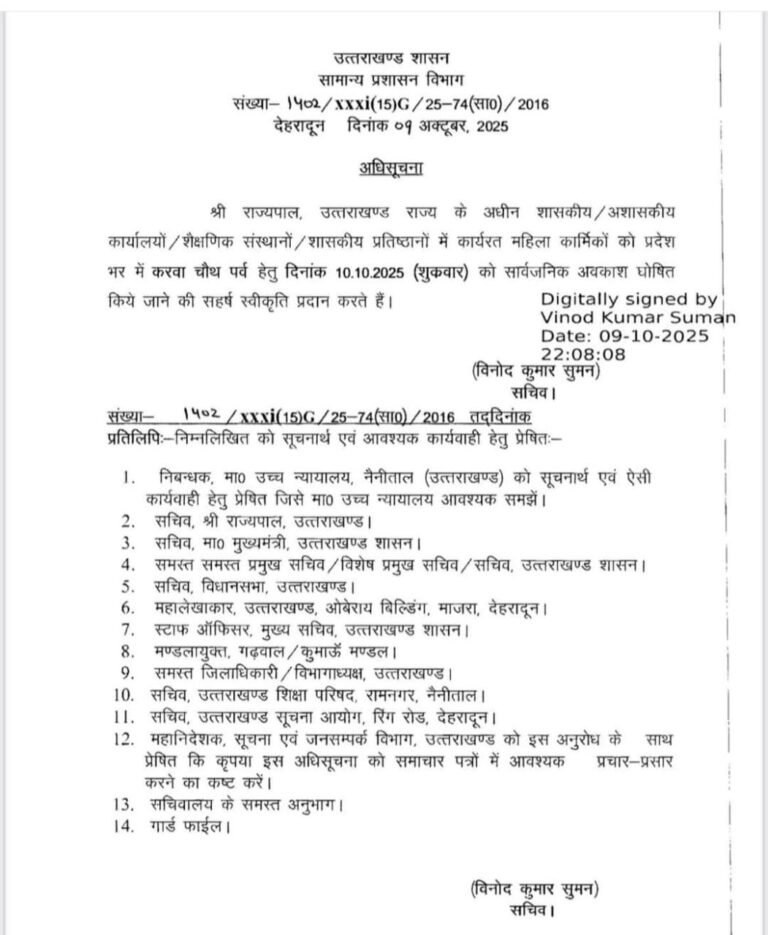 उत्तराखंड सरकार का बड़ा फैसला करवा चौथ पर आज महिला कर्मचारियों को अवकाश कि सुविधा