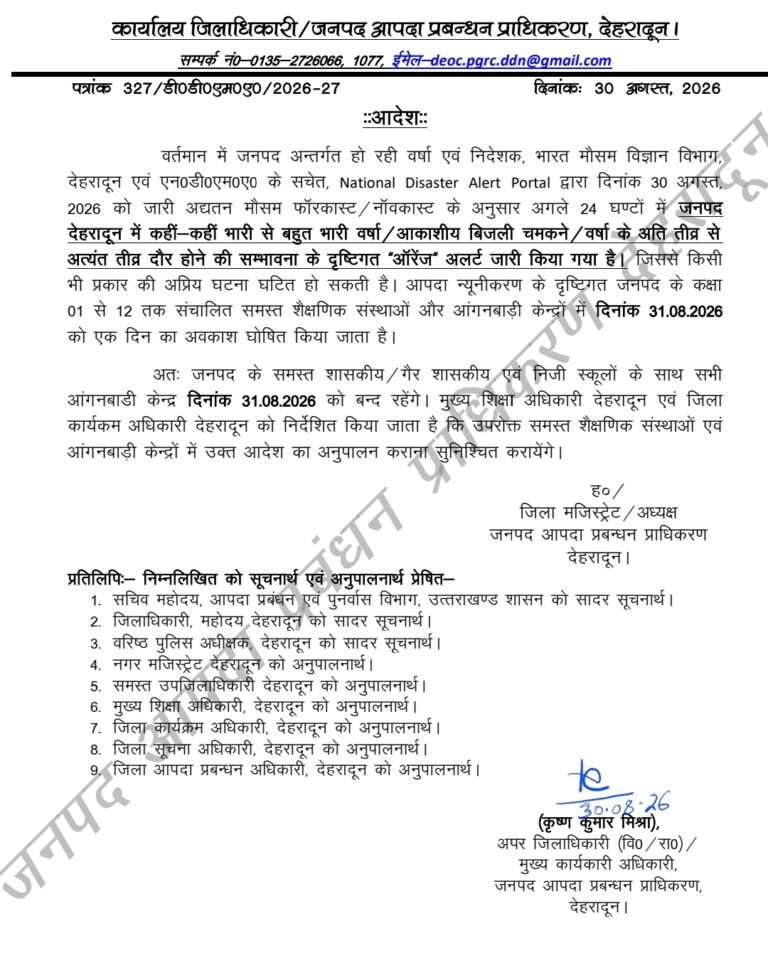 31अगस्त,सोमवार को भारी बारिश का रेड अलर्ट देहरादून जिले के सभी स्कूल और आंगनबाड़ी केंद्र रहेंगे बंद
